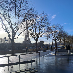 Vue tour Eiffel et sculpture rue de Paris